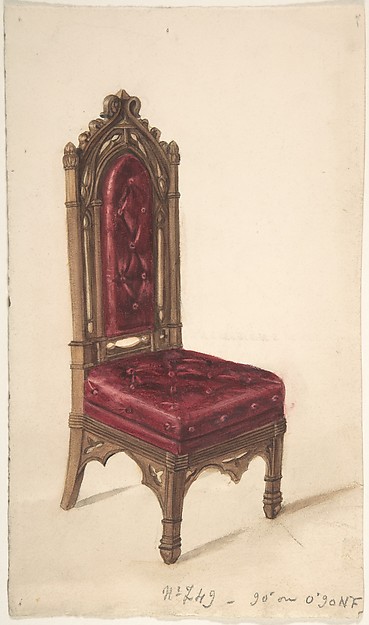Anonymous, British, 19th century, Gothic Style Chair with Dark Wood Frame and Maroon Upholstery