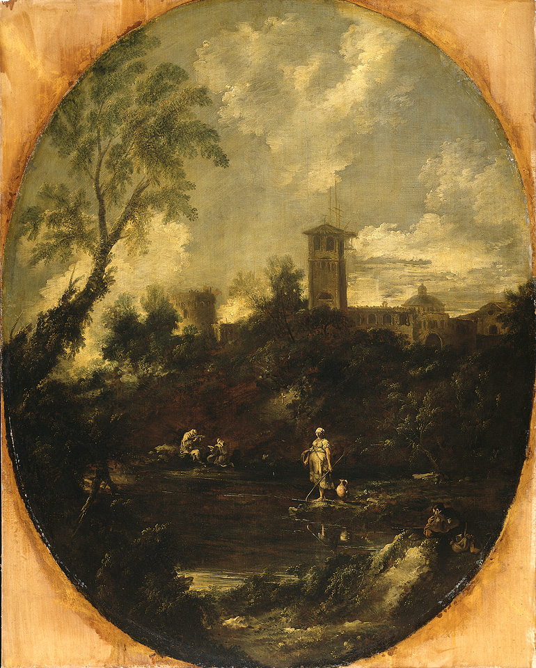 Antonio Francesco Peruzzini, Landschap met monniken, pelgrim en boerin