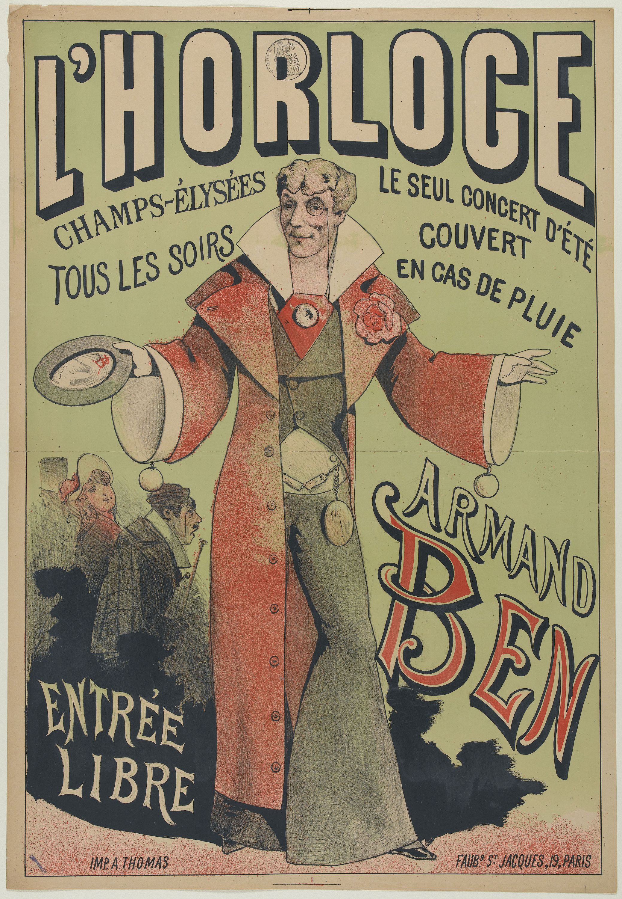 Anonyme, L'HORLOGE/ CHAMPS-ELYSEES/ TOUS LES SOIRS/ LE SEUL CONCERT D'ETE/ COUVERT/ EN CAS DE PLUIE/ ARMAND/ BEN