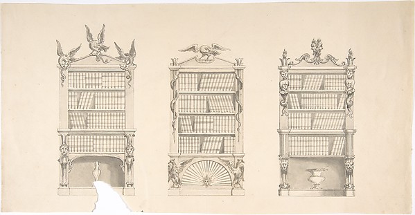 Anonymous, British, 19th century, Design for Three Bookcabinets Two Adorned with Eagles and Snakes, the other with Masks, Flames and Grotesques