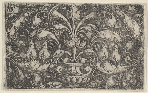 Heinrich Aldegrever, Horizontal Panel with Tendrils Growing Outwards from a Vase at Center