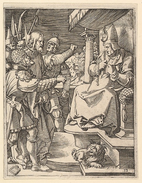 Marcantonio Raimondi, Christ before Caiaphas: soldiers present Christ to seated hight priest who tears his garments, from "The Passion of Christ", after Dürer