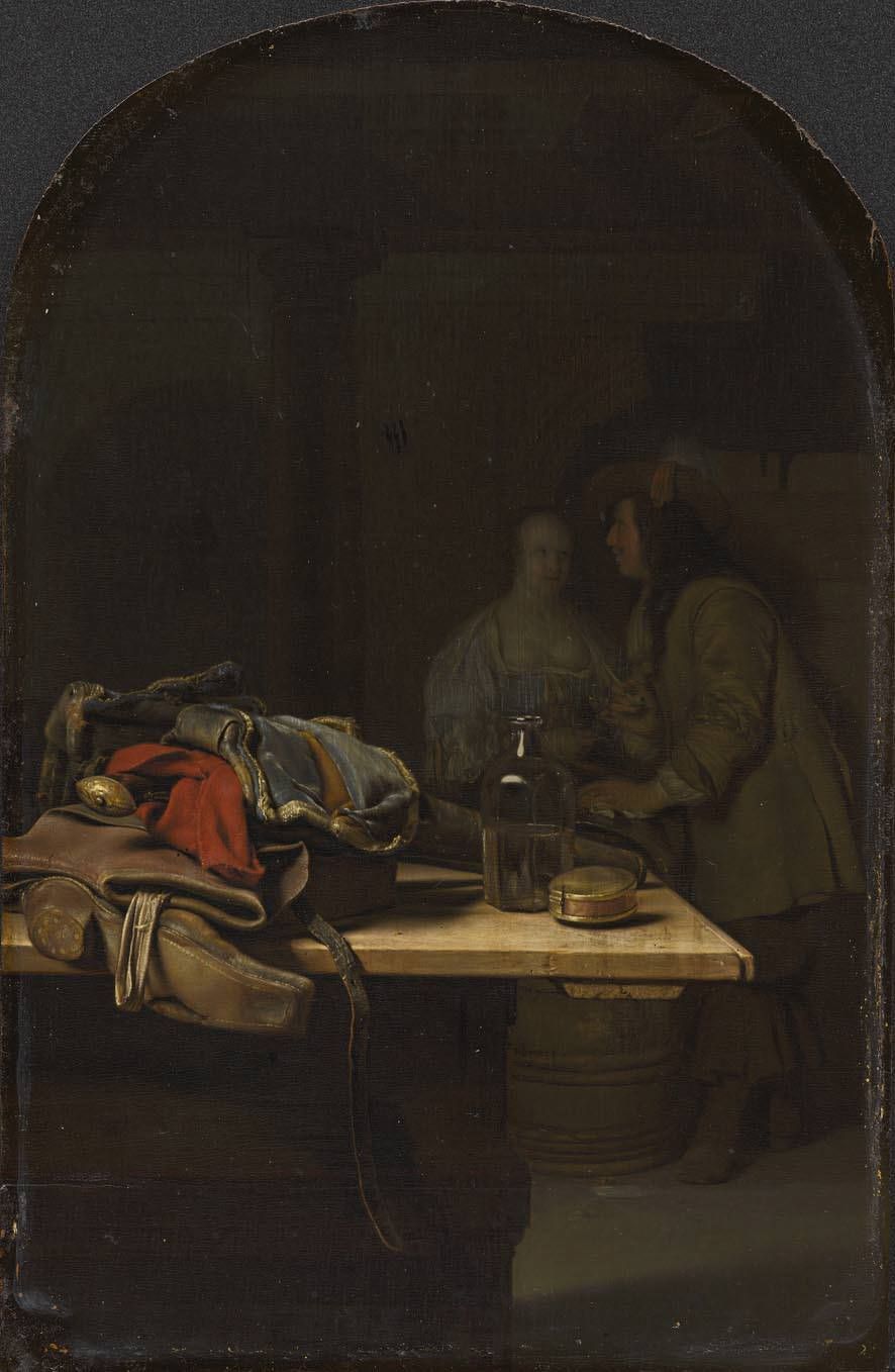Frans van Mieris the Elder, Still life with boot, in the background two figures