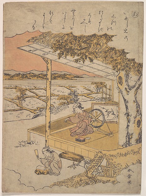 Katsukawa Shunshō　勝川春章, Woman on Veranda, Spinning; another Pounding Cloth on Rock in Foreground