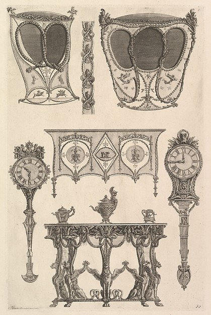Giovanni Battista Piranesi, A sedan chair, a coach, a commode, a side table and two clocks (Deux ch. à porteurs v. de côté, une commode, une console, deux pedules, un meuble indét), from Diverse Maniere d'adornare i cammini ed ogni altra parte degli edifizi...(Different Ways of ornamenting chimneypieces and all other parts of…