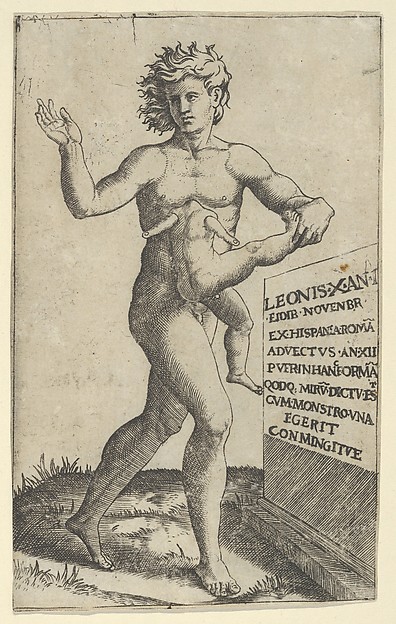 Marcantonio Raimondi, A naked youth holding in left hand a deformed child