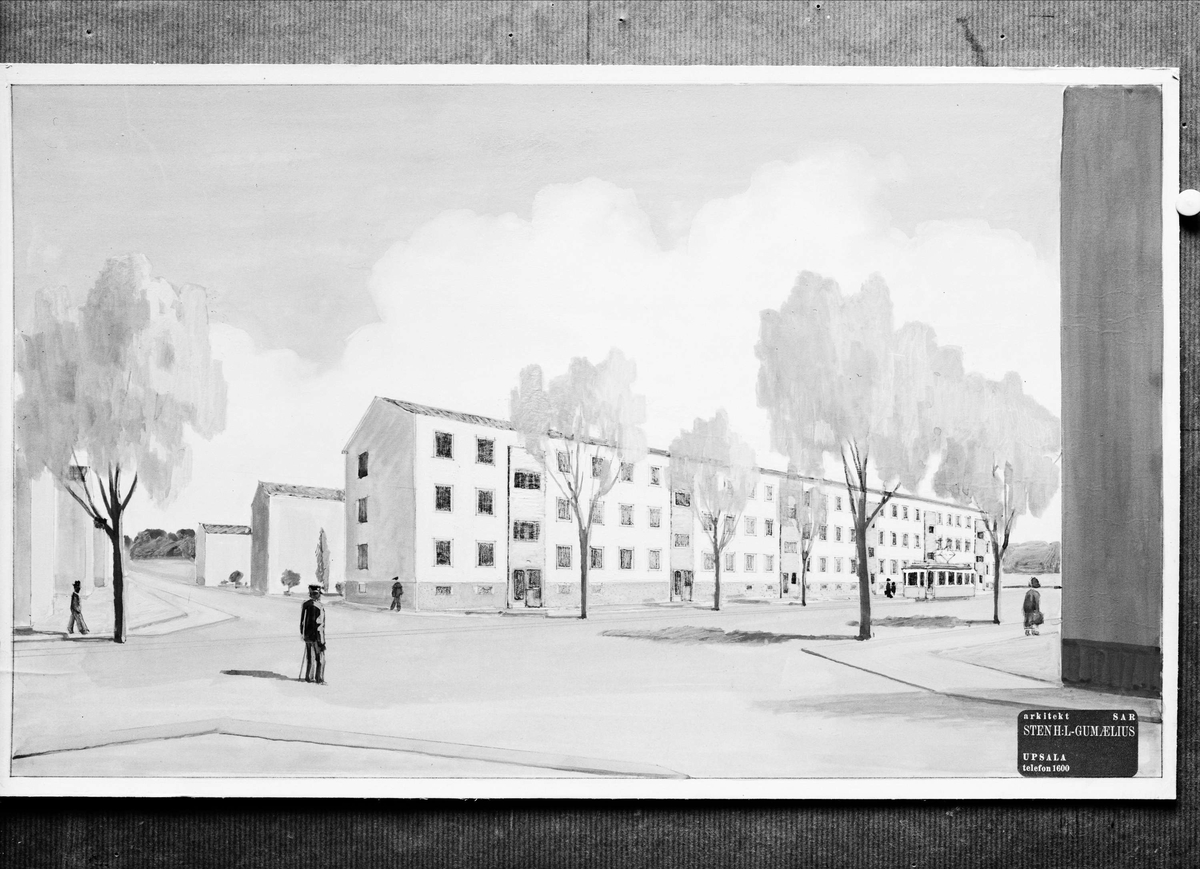 Paul Sandberg, "Den 90 m. långa entréfasaden mot Geijersgatan till byggnadsfirman Gottfr. Lindgrens nya stora föreningsbygge", kvarteret Kettil, Geijersgatan