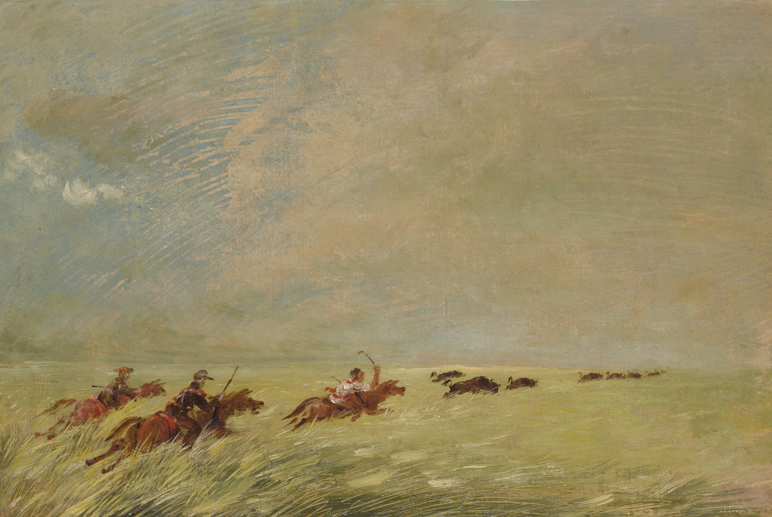 George Catlin, Bogard, Batiste, and I Chasing Buffalo in High Grass on a Missouri Bottom