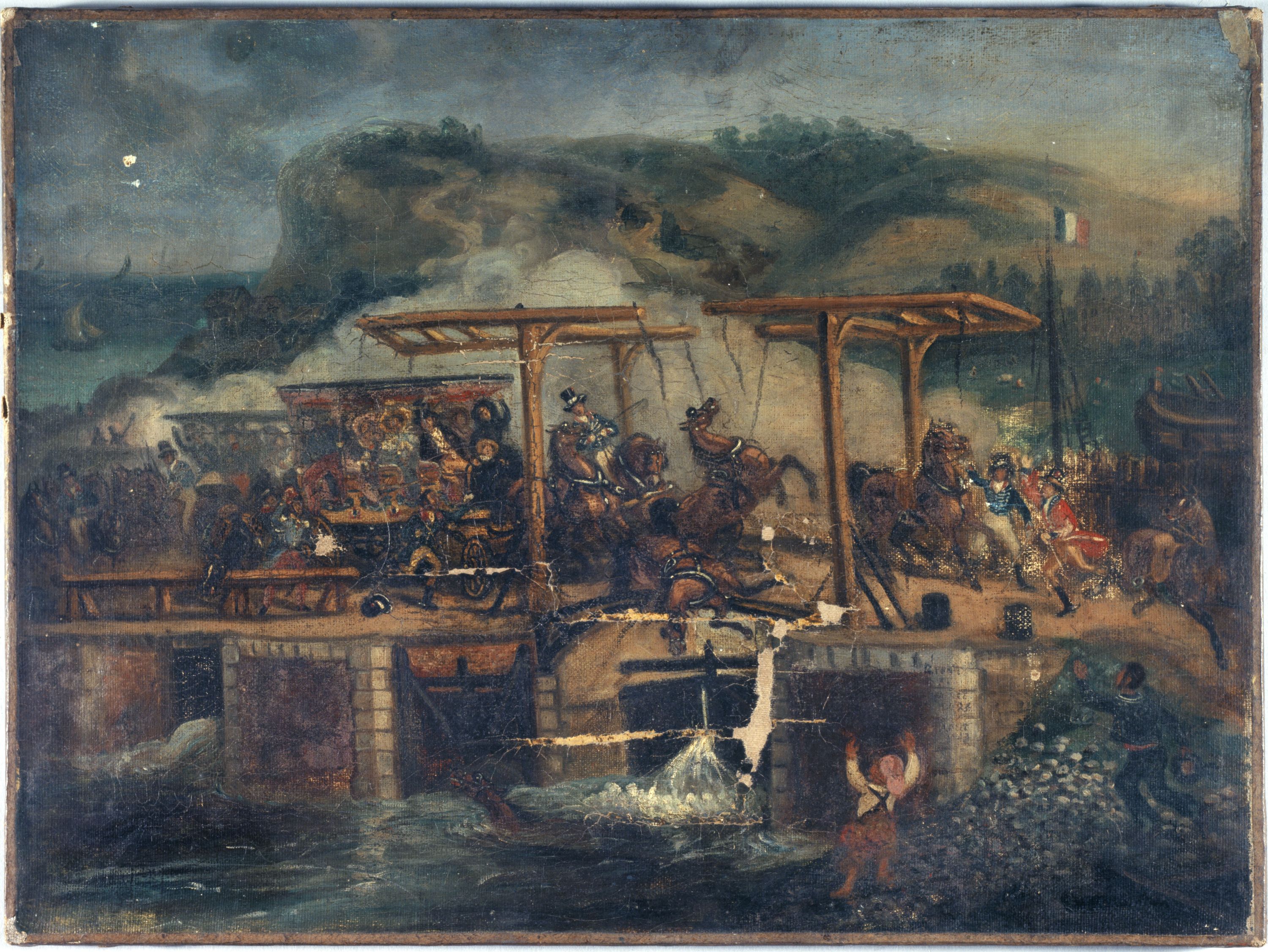 Anonyme, Accident de voiture sur un pont, vers 1835.