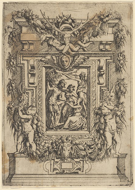 Battista Angolo del Moro, A young man offers his hand to a seated woman, another woman stands between them and a third blows a trumpet behind them, set within an elaborate frame