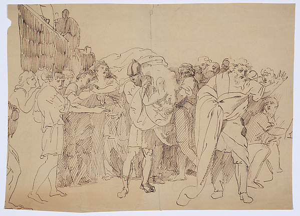 John Hamilton Mortimer, Lucretia's Dead Body is Carried by her Husband, Led by her Mourning Father