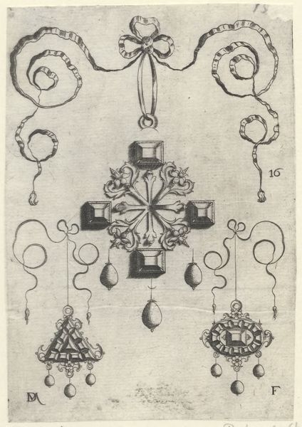 Mignot, Daniel, (active 1593-1596), (printmaker), Pendants in the form of wheels, stars and crosses: Pendant with a cross at the center, surrounded by four table-stones