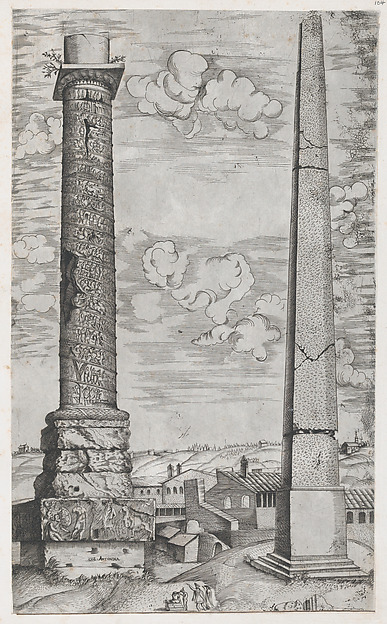 Anonymous, Column of Antoninus and a Roman Obelisk, from "Speculum Romanae Magnificentiae"