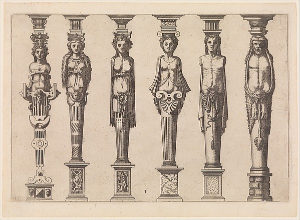 Hans Vredeman de Vries, Six terms, four female and two male, with Hercules at far right, plate 1, from Caryatidum [...] sive Athlantidum multiformium ad quemlibet Architecture ordinem Accommodatarum centuria prima [...]