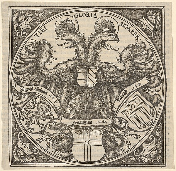 Hans Burgkmair, Imperial Double Eagle with the Coat of Arms of Ingolstadt, Freiburg, and Tübingen, from Joan. Eckii Theologi in summulas Petri Hispani extemporaria et succincta atque succosa explanatio p[ro] sup[er] ioris Germaniae scholasticis