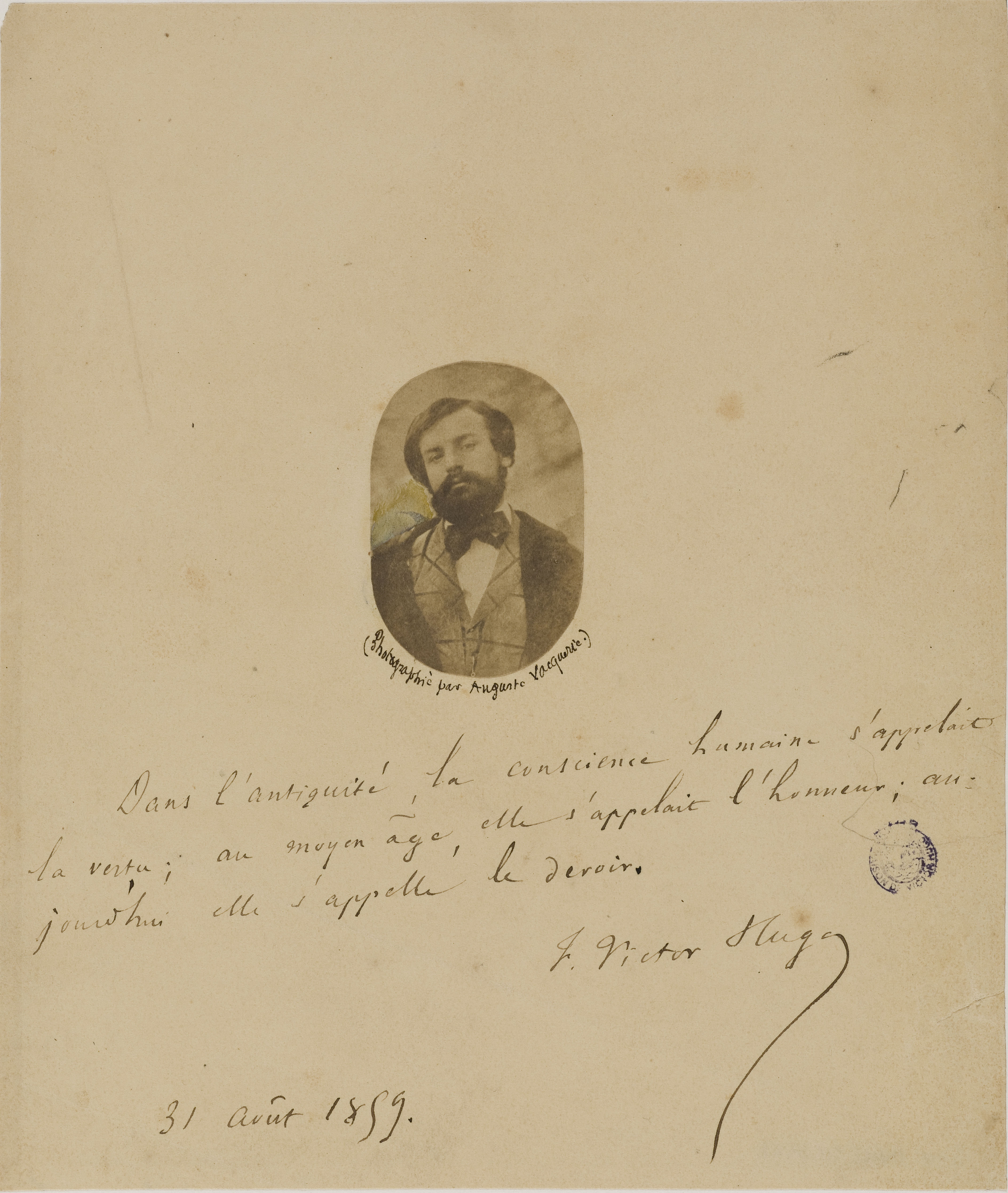 Auguste Vacquerie, Portrait de François-Victor Hugo avec dédicace de sa main