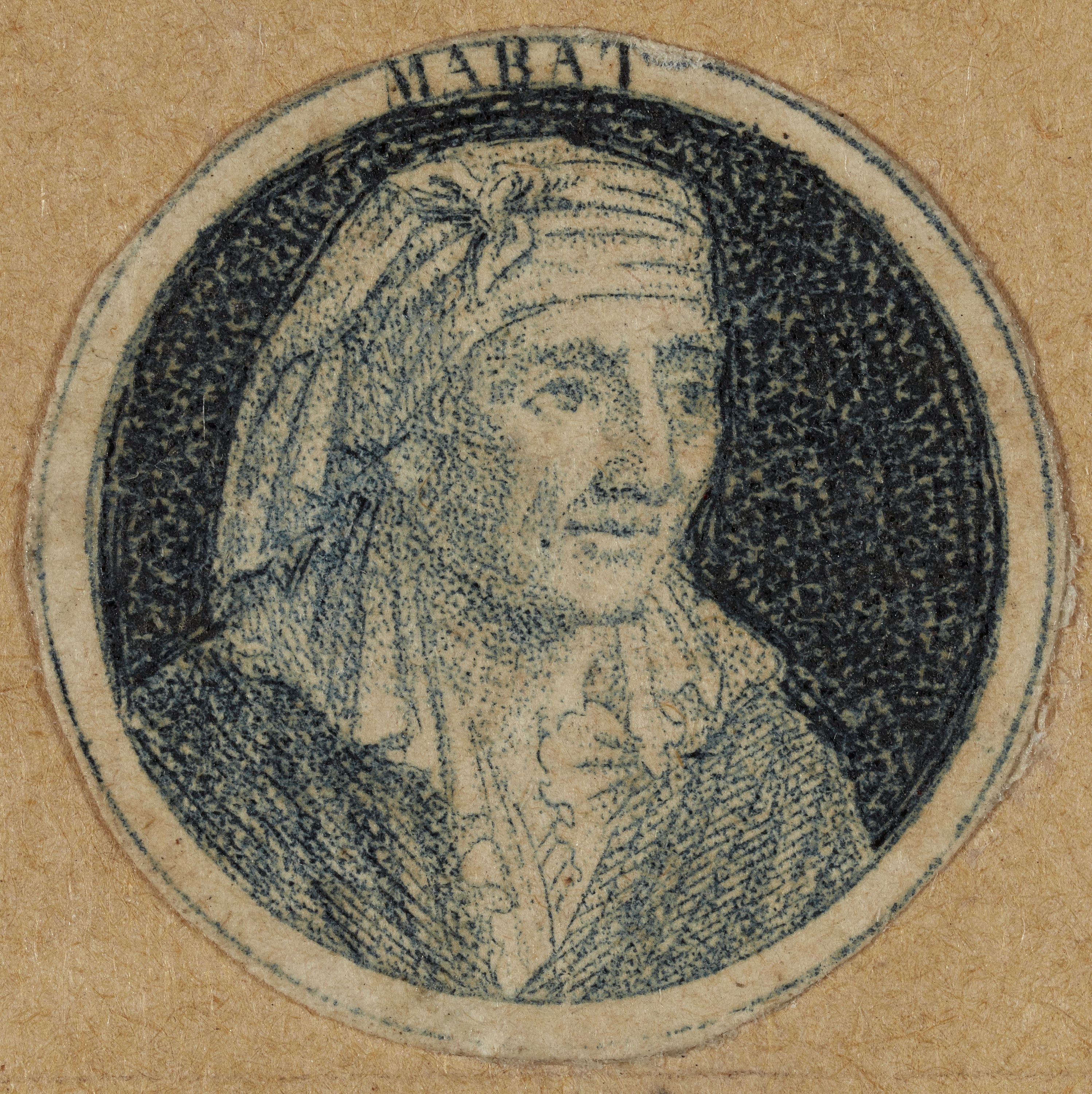 Anonyme, Portrait du journaliste Jean-Paul Marat, d'une série de 12 médaillons portraits destinés à orner des boutons d'habit, 1793-1794 (An II). Révolution française.