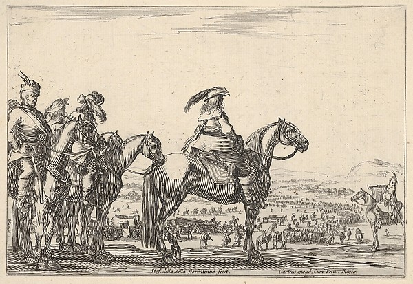 Stefano della Bella, March of an army on a plain, the commander in chief in front, his aides behind him, a trumpeter on horseback at right, a plain with various figures and horses in the background, from "Varie Figure"