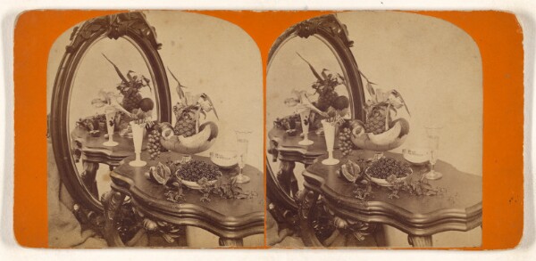 Unknown, [Bowls of fruit, vase of flowers, on table with mirror]