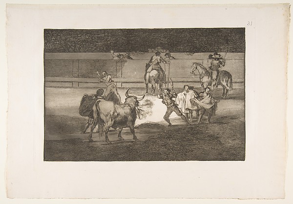 Goya (Francisco de Goya y Lucientes), Plate 31 of  "La Tauromaquia": Banderillas with firecrackers