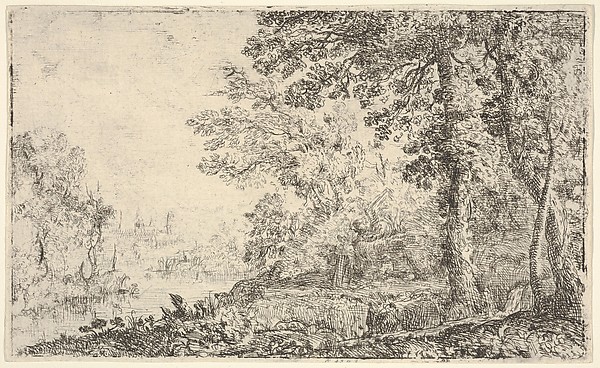 Claude Lorrain (Claude Gellée), A landscape with a monk and an angel in the center, a town to the left (The Vision)
