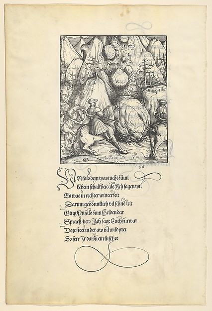 Hans Burgkmair, Theuerdarnk Endangered by an Avalanche, from [Theuerdank] Die geuerlicheiten vnd einsteils der geschichten des loblichen streytparen vnd hochberümbten helds vnd Ritters herr Tewrdannckhs
