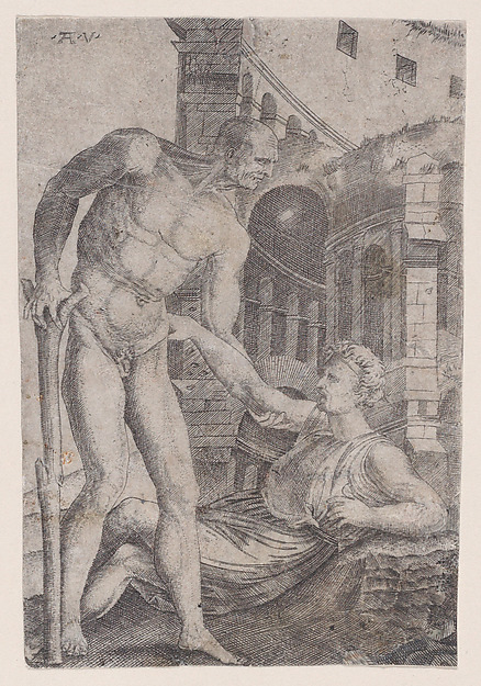 Agostino Veneziano (Agostino dei Musi), A Man Helping Another to His Feet