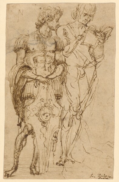 Andrea Mantegna, Two Standing Male Figures (recto); A Man Reclining and Other Studies (verso)