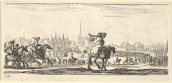 Stefano della Bella, Plate 12: a procession of troops enter a city, horseman in center playing a trumpet towards the left, horsemen at left galloping towards the right, from "Troops, cannons, and attacks on towns" (Dessins de quelques conduites de troupes, canons, et ataques de villes)