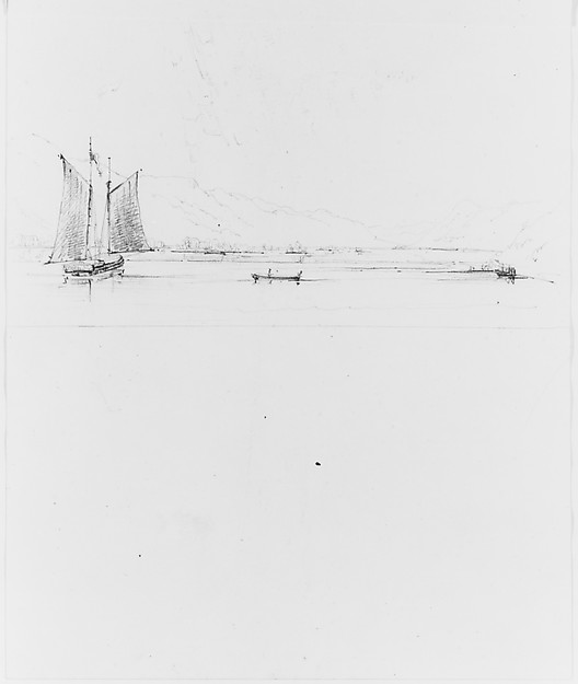 John William Casilear, Study of Lake, with Sailboat and Canoe, Set Against Mountains (from Sketchbook)