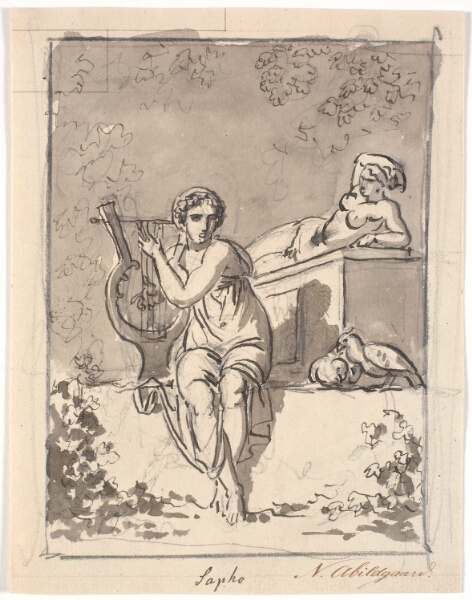 Nicolai Abildgaard, Sappho, siddende med sin lyre, i baggrunden hviler en hermafrodit