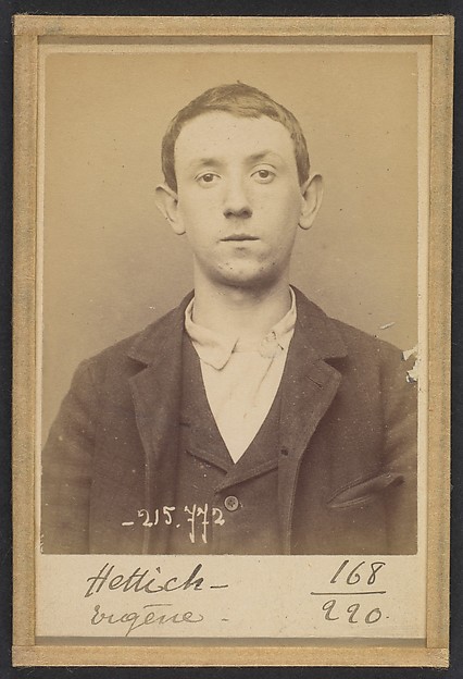 Alphonse Bertillon, Hettich (ou Hettig). Eugène. 17 ans, né le 6/1/77 à Paris XXe. Cocher. Anarchiste. 16/3/94.