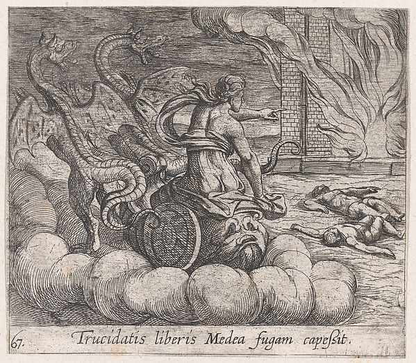 Antonio Tempesta, Plate 67: Medea Destroying Jason's Family and Home (Trucidatis liberis Medea fugam capeßit), from Ovid's 'Metamorphoses'