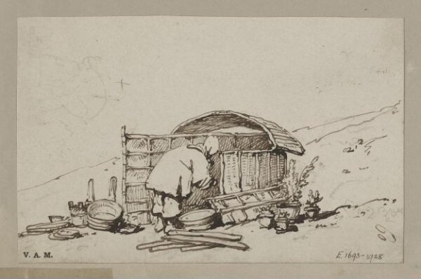 George Chinnery, A boatwoman entering a beach dwelling