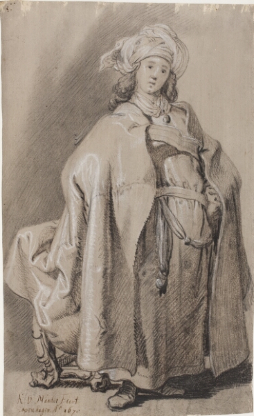 Karel van Mander III, Stående figur, vendt mod højre, i kappe og turban. Bagved en stol.