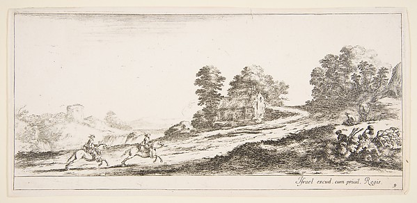 Stefano della Bella, Plate 9: two horsemen at left galloping uphill towards the right, a horse and seated man to right, from 'Various landscapes' (Divers paysages)