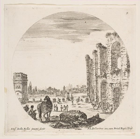 Stefano della Bella, The Arch of Constantine at left, part of the Colosseum at right, various horses and figures in foreground and background, plate 9 from "Roman landscapes and ruins" (Paysages et ruines de Rome)