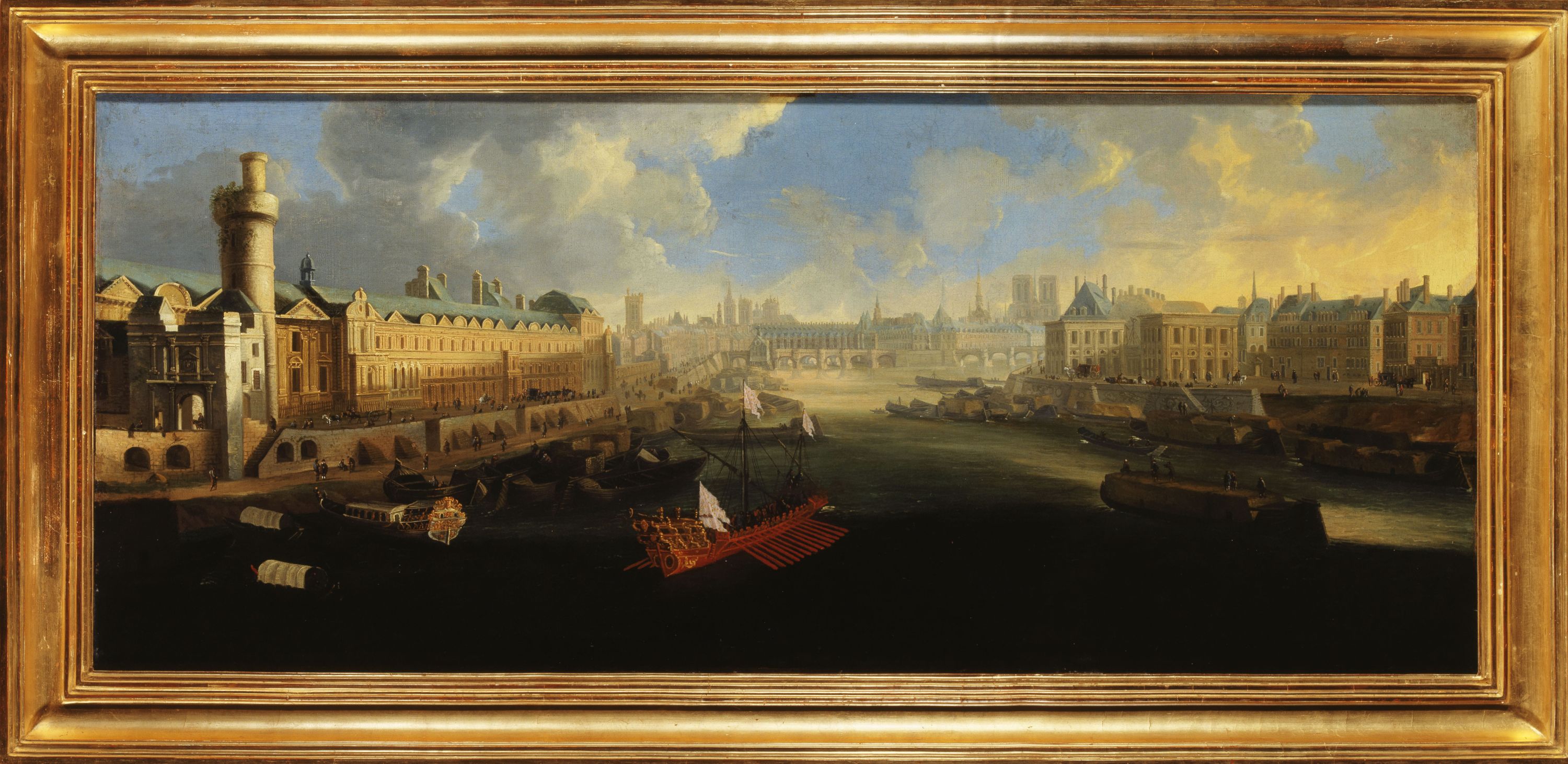Anonyme, La Grande Galerie du Louvre, avec la porte Neuve, le Pont-Neuf, la Cité, le collège des Quatre-Nations en construction et le quai Malaquais, vers 1665