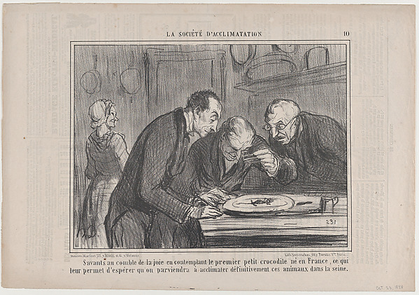 Honoré Daumier, Savants au comble de la joie en contemplant le premier petit crocodile né e France..., from La Société d'Acclimatations, published in Le Charivari, October 23, 1858