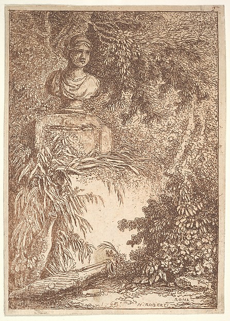 Hubert Robert, Plate 2: The Bust: a bust of a female wearing a diadem at top left, two amphoras at bottom left, surrounded by trees and greenery, from "Les soirées de Rome"