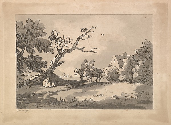 Thomas Rowlandson, Landscape with Figures on Horseback, Another Resting Under a Gnarled Tree, and a Cottage at Right Nestled in Trees