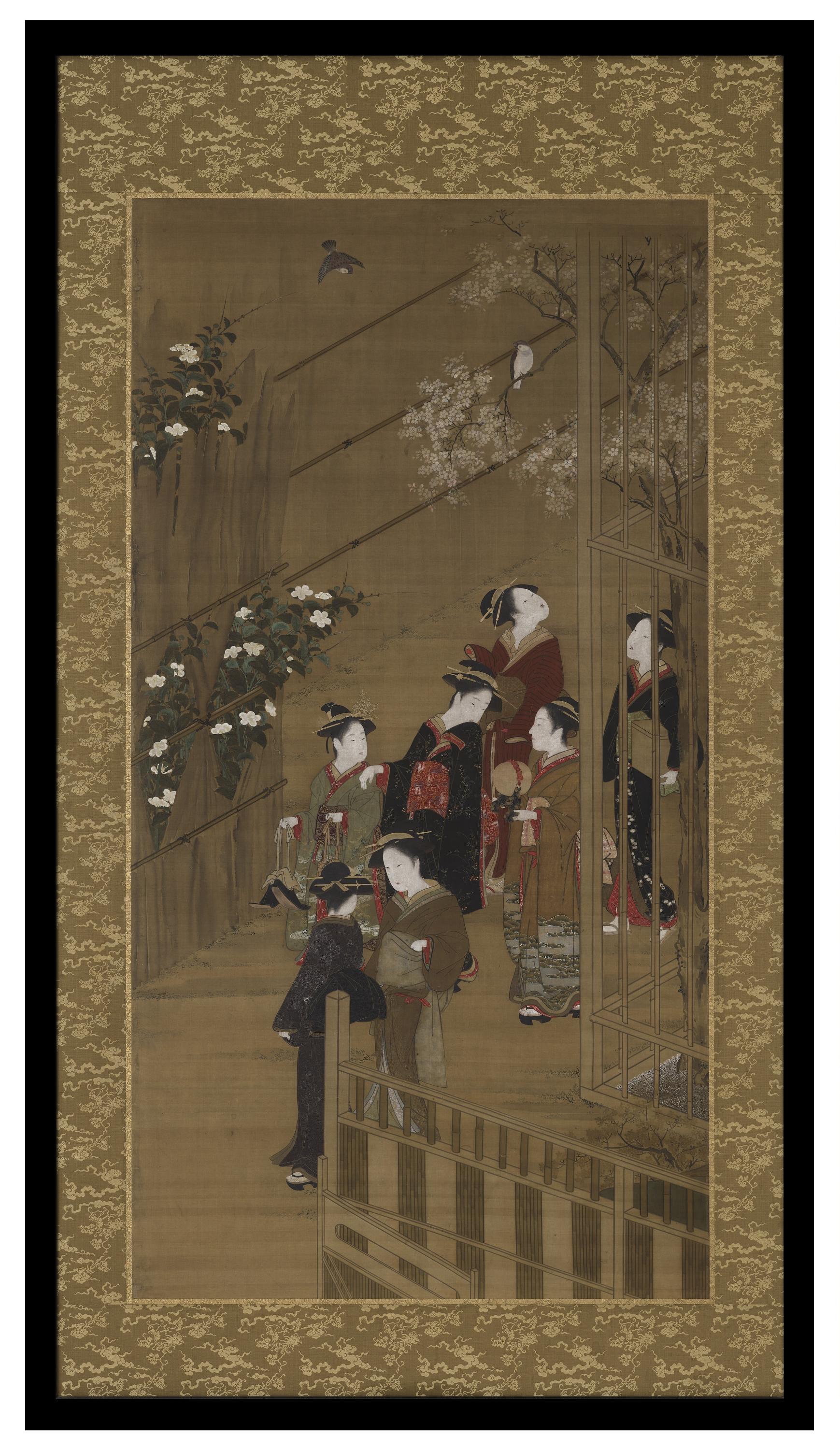 Katsukawa Shunsho, Seven women walking near a football court