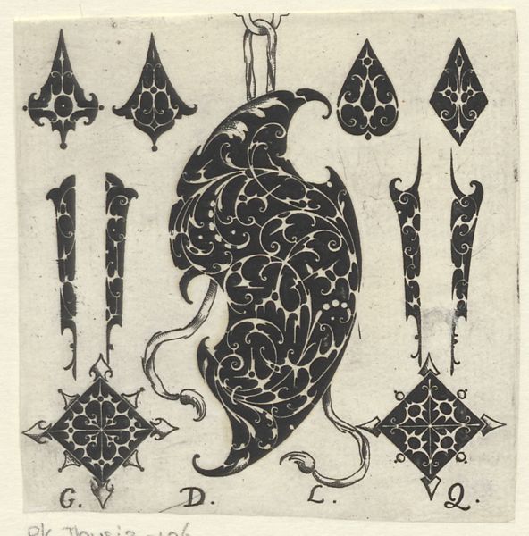 Quewellerie, Guillaume de la, (active 1610-1635), (printmaker), Jewelry designs in blackwork: S-shaped shield surrounded by ten smaller ornaments