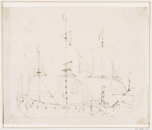 willem van de velde the elder, An English ship becalmed and drying sails; broadside view
