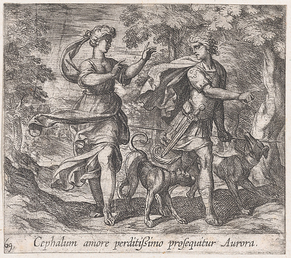 Antonio Tempesta, Plate 69: Cephalus and Aurora (Cephalum amore perditißimo prosequitar Aurora), from Ovid's 'Metamorphoses'