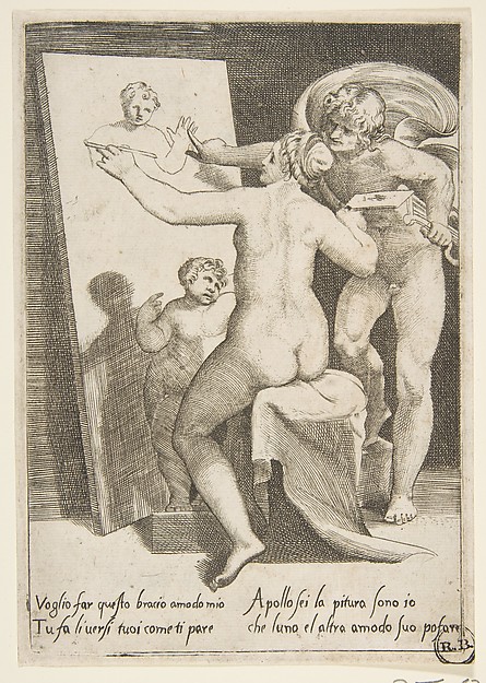 Giulio Bonasone, Apollo standing a beside a woman representing an allegory of painting, from "The Loves of the Gods"
