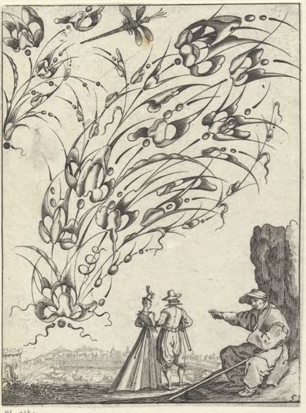 Moncornet, Balthasar, (approximately 1600-1668), (printmaker), Stylized bouquets: A bouquet with a dragonfly above figures in a landscape