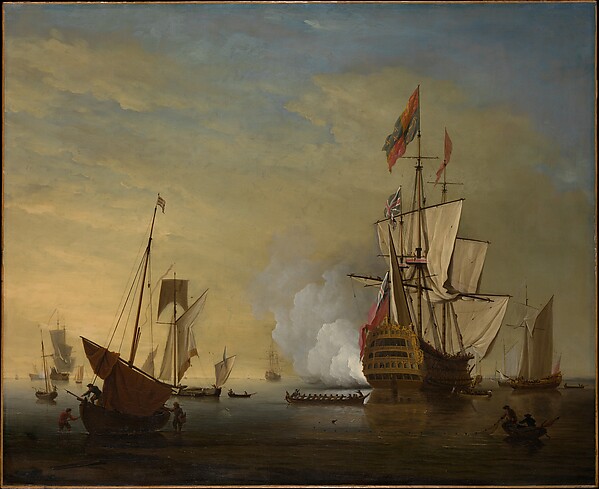 Peter Monamy, Harbor Scene: An English Ship with Sails Loosened Firing a Gun