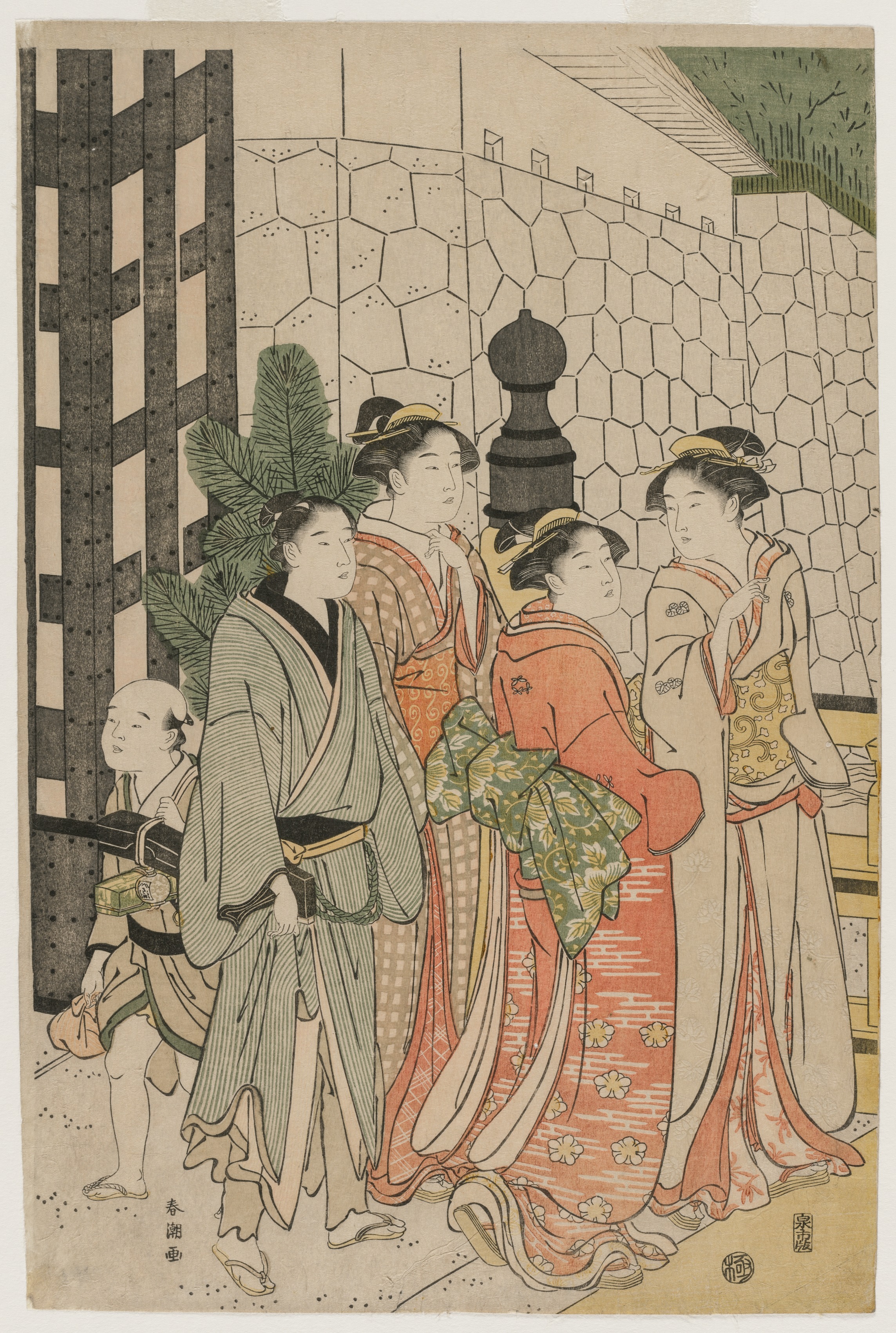 Katsukawa Shunchō, Young Man and Women on Tokiwa Bridge