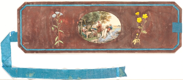 P.C. Skovgaard, Dekorativt udkast med en vild blomst på hver side af oval fremstilling af bønder der tilbereder hør udenfor et hus.